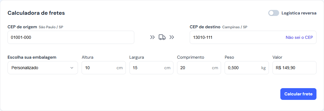 Calculadora de frete do Veolog com campos de CEP, peso, dimensões e valor