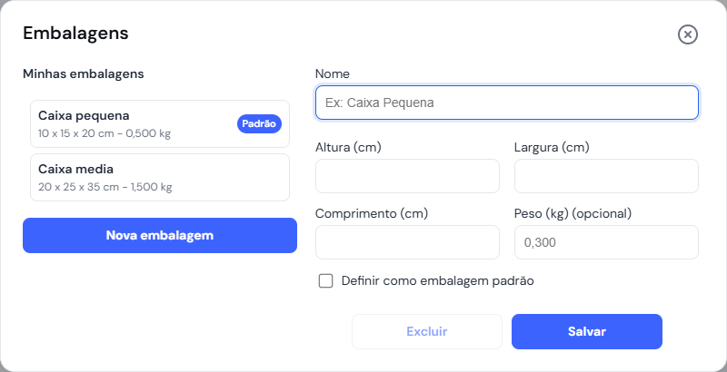 Cadastro de embalagem salva com peso, altura, largura e comprimento