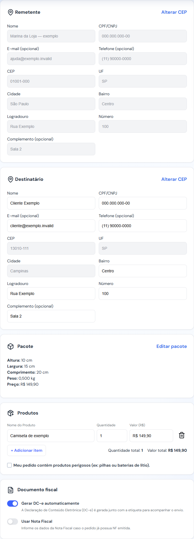 Formulário do envio com dados de remetente, destinatário e conteúdo