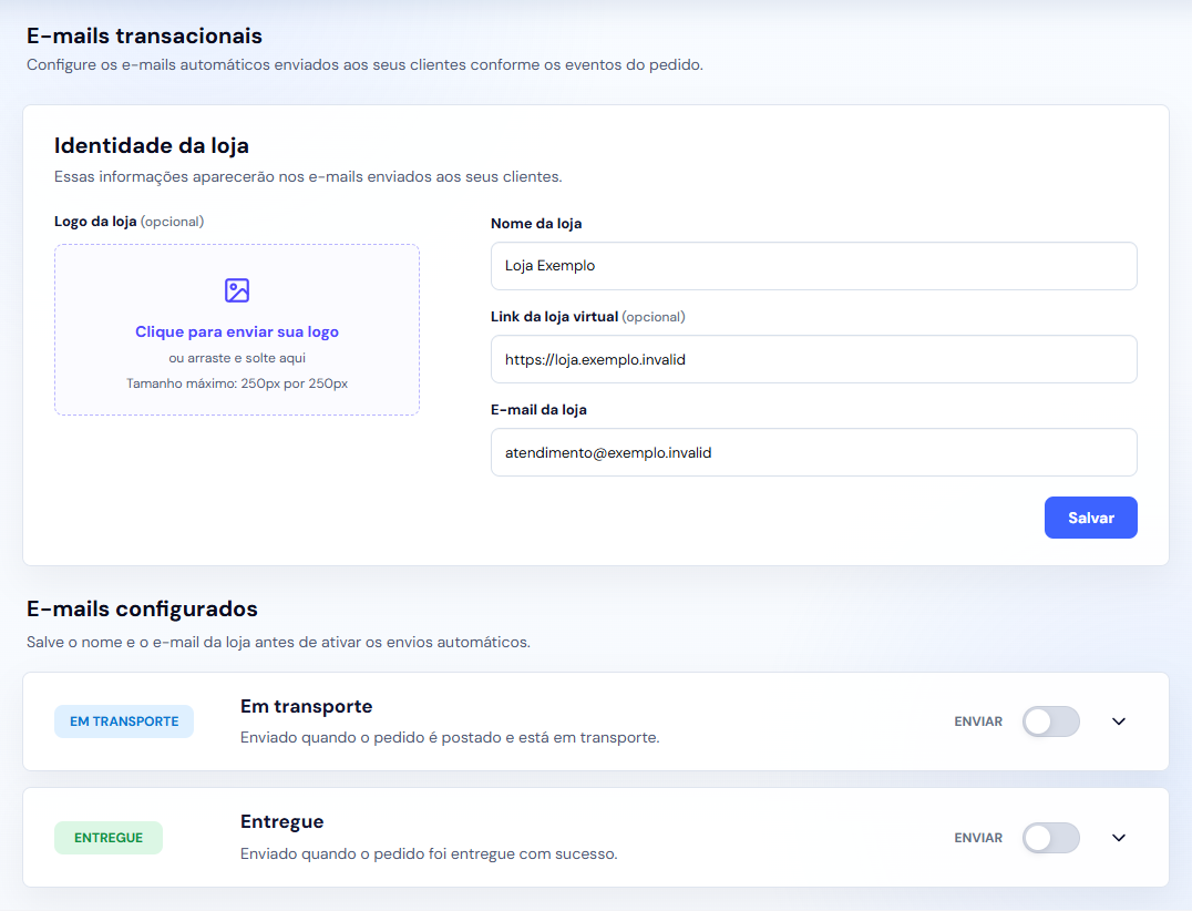Tela de E-mails transacionais com identidade da loja e eventos Em transporte e Entregue