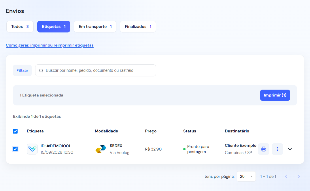 Etapa Etiquetas com um envio demonstrativo pronto para postagem, selecionado, e botão Imprimir (1)