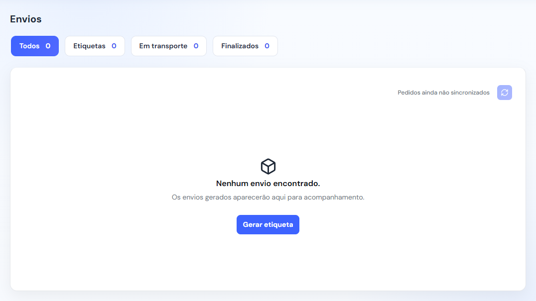 Tela de Envios sem registros, com as etapas Todos, Etiquetas, Em transporte e Finalizados