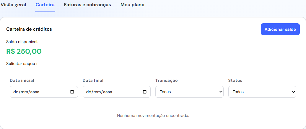 Carteira do Veolog com saldo disponível e o link Solicitar saque