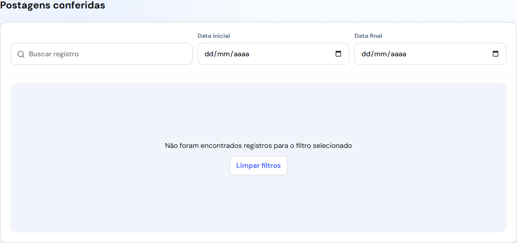 Tela de Postagens conferidas com busca, data inicial, data final e nenhum registro encontrado