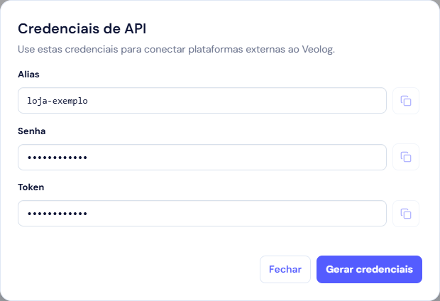 Janela de Credenciais de API com valores demonstrativos mascarados e o botão Gerar credenciais