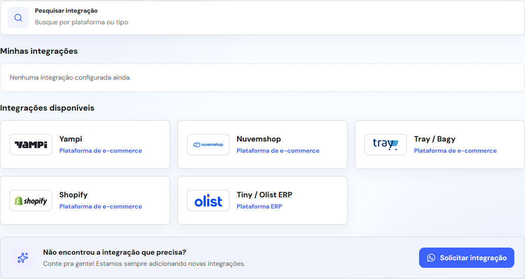 Catálogo de integrações disponíveis no Veolog, ainda sem uma loja configurada