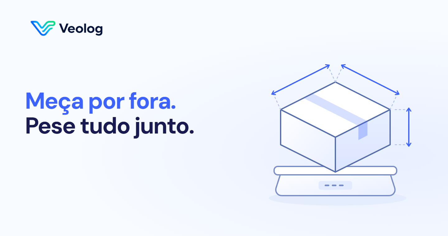 Caixa com setas nos três eixos e balança, representando medidas externas e peso total da encomenda
