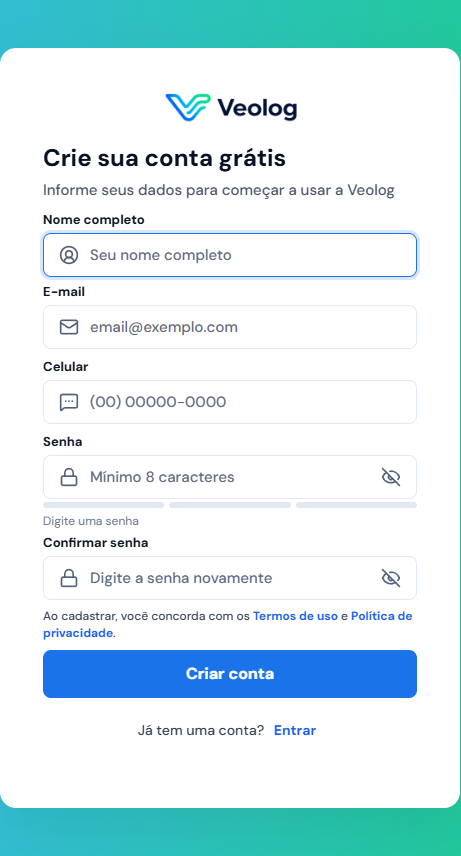 Formulário público do Veolog para criar uma conta com nome, e-mail, celular e senha