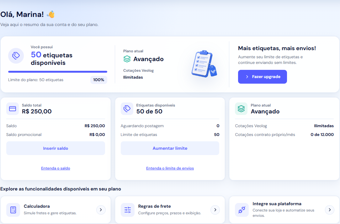 Painel do Veolog com resumo da conta, saldo e atalhos operacionais