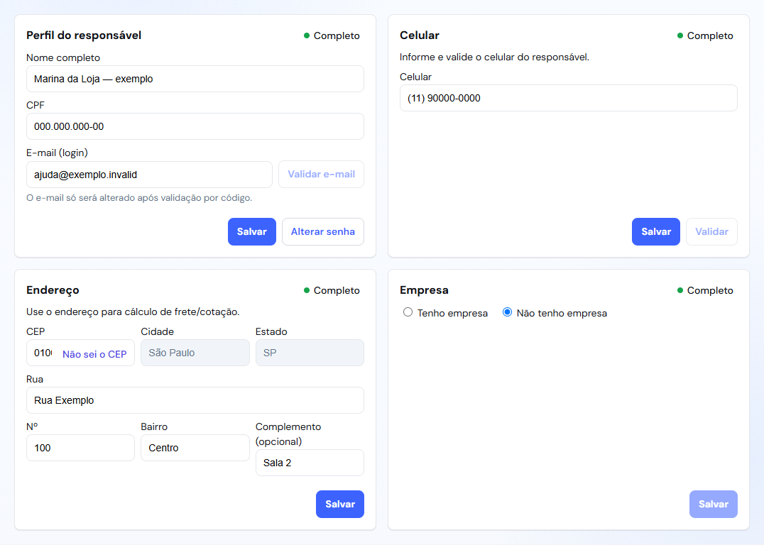 Tela de Perfil com áreas de responsável, celular, endereço, empresa e senha