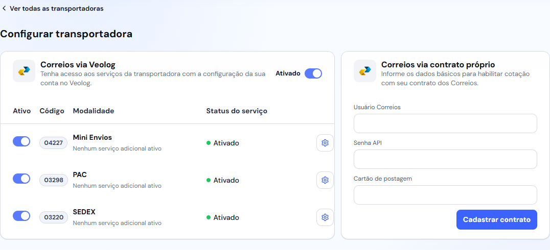 Tela de Transportadoras com cartões de serviços e controles de ativação