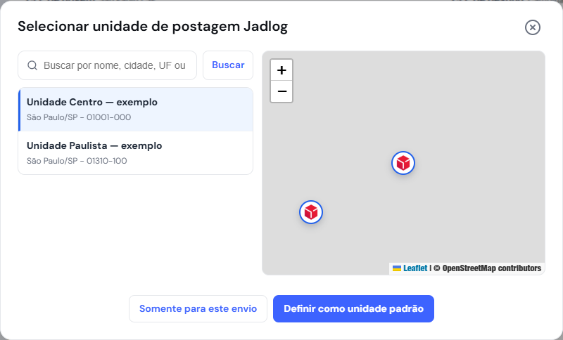 Seletor de unidade de postagem Jadlog com opção de definir local padrão