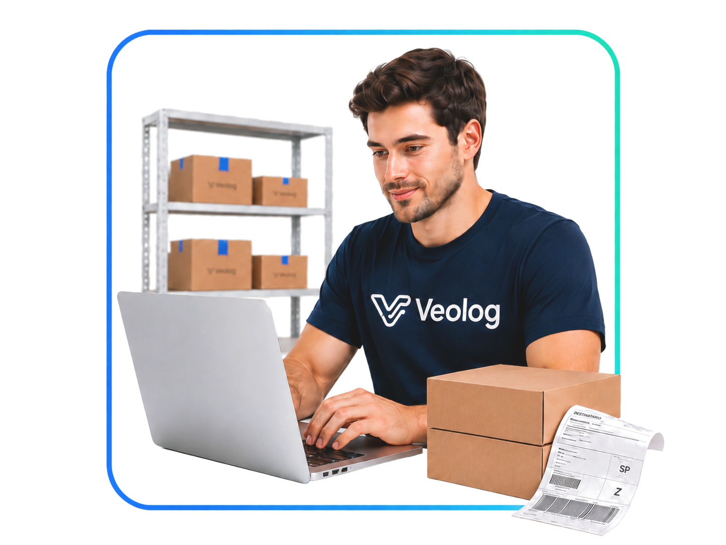 Pessoa operando loja virtual com notebook, caixas e etiqueta de envio